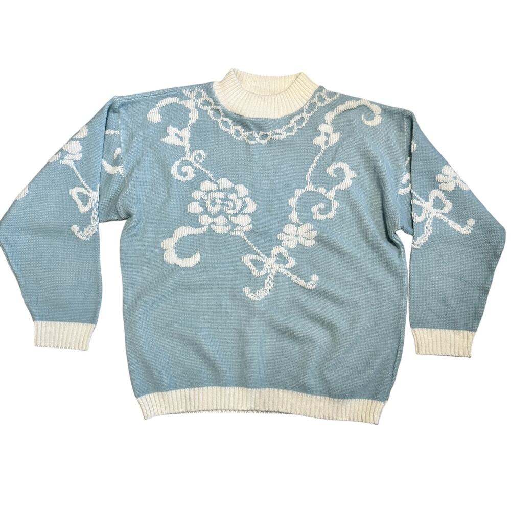 Vintage Worthington Blue And White Acrylic Sweater Cozy Size Large